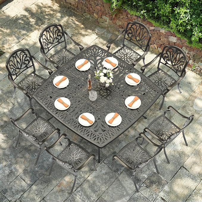 VIVIJASON 9-Piece Outdoor Furniture Dining Set for 8, All-Weather Cast Aluminum Patio Table and Chairs Set with 8 Chairs, 64" Large Square Dining Table and 2.2" Umbrella Hole for Patio Deck Garden