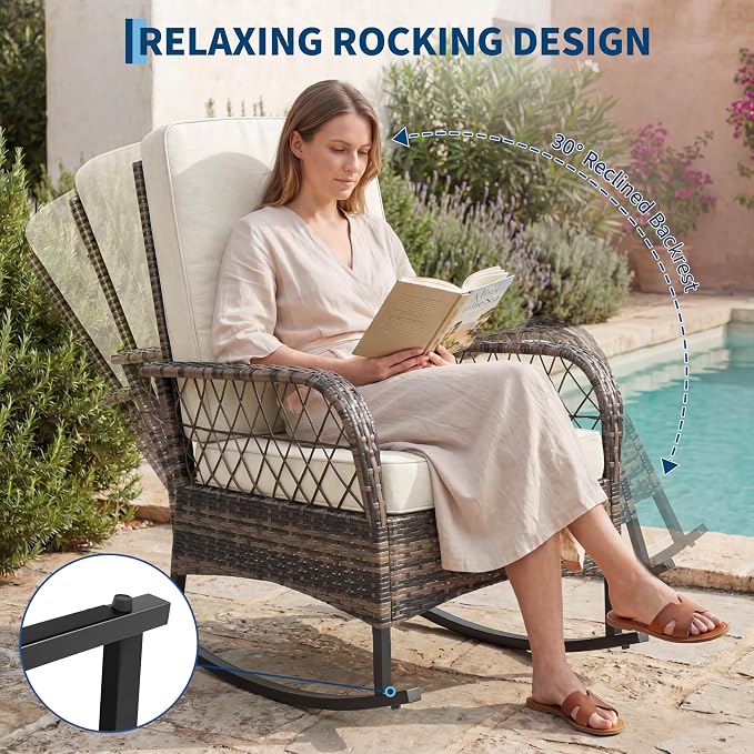 Outdoor Wicker Rocking Chair Set of 3 Pieces, Patio Furniture with Rattan Rocker Chairs, Glass-Top Coffee Table and Beige Washable Cushions for Garden, Balcony, Porch (Brown Wicker & Beige Cushions)