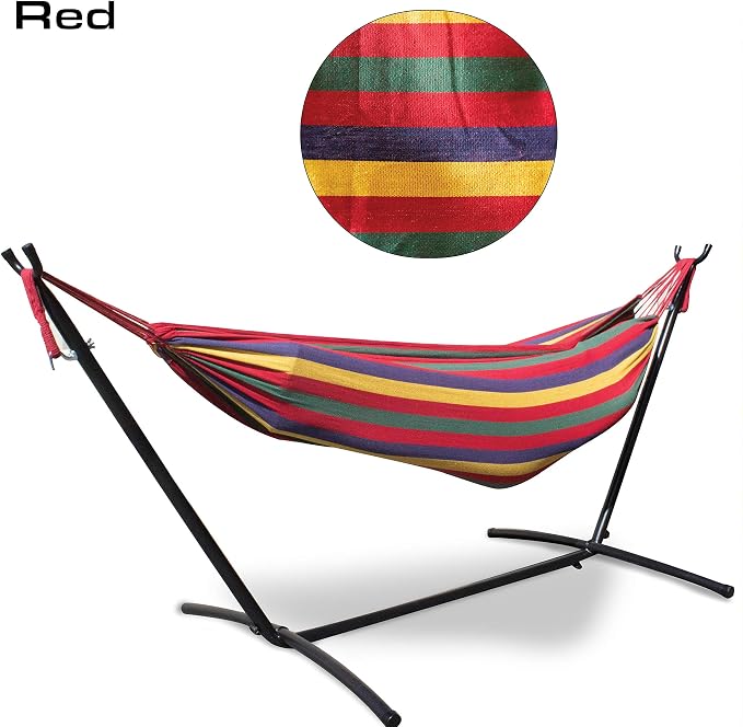 Mototeks Double Hammock with Steel Stand and Carry Bag for Garden Deck Yard Campsite Indoor Outdoor Use Comfort Durability Striped Large Hanging Chair (Red)