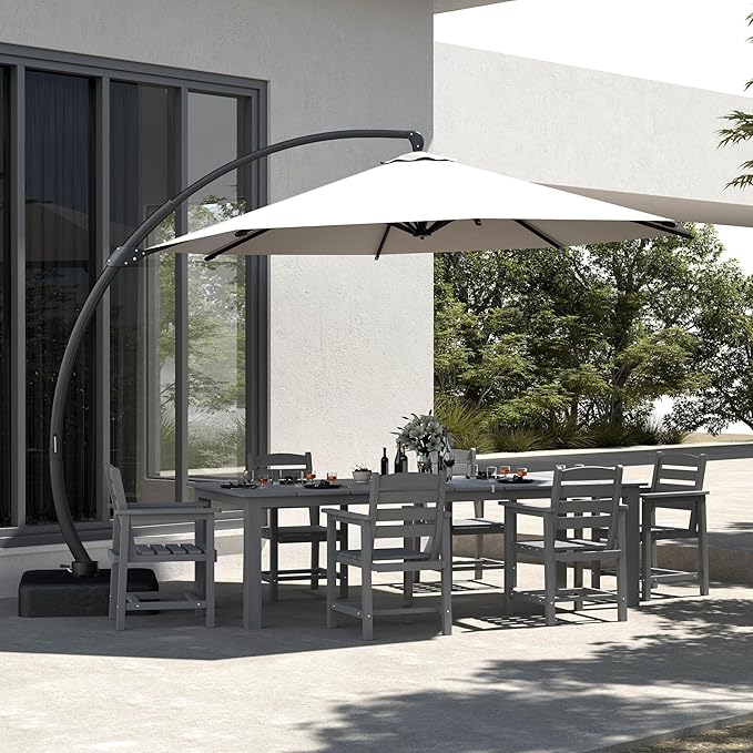 7-Piece Grey Outdoor Dining Set with Beige 11FT Large Patio Umbrella, 75.2'' HDPE Table & Chairs for 6, Weather-Resistant Furniture with Umbrella Hole for Patio, Lawn, Poolside