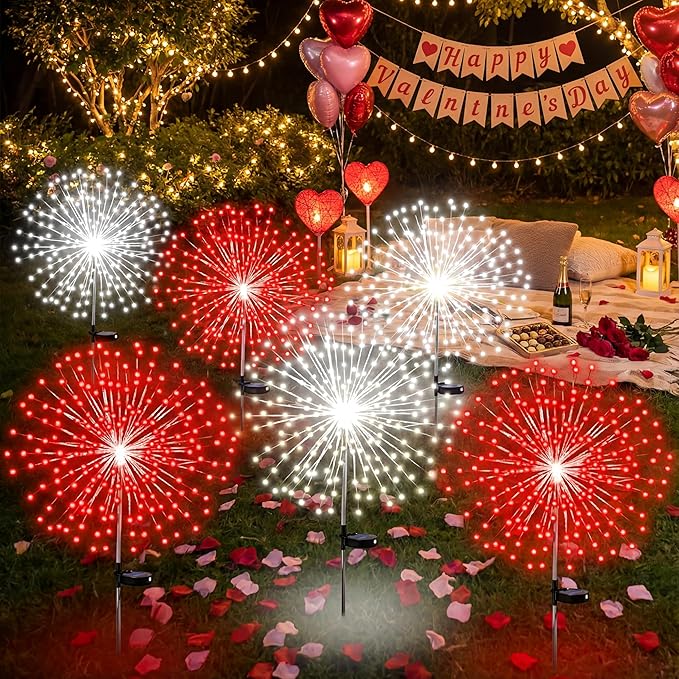 Tujoe 6 Pcs Solar Firework Stake Lights 180 LED 8 Modes Solar Waterproof LED Sparkler Lights Outdoor Decoration for Wedding Mother's Day Garden Patio Yard Pathway Walkway Lawn (Red, White)