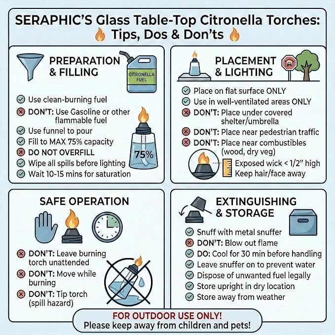 Seraphic Citronella Table Top Torches for Outdoor Patio, 16oz Decorative Glass Torch Citronella Candles for Outside Deck, Garden, Parties, Set of 3, Amber
