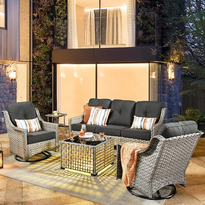 HOOOWOOO Patio Furniture Set,5 Pieces Wicker Outdoor Furniture,High Back Conversation Set with All Weather Resistant Solar Light Table Couch Swivel Chairs,Black