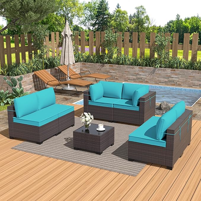 Patio Furniture Set 7PCS Outdoor Furniture for Backyard Sectional Sofa Set, Rattan Wicker Patio Conversation Set with 4 Inch Thickened Cushions and Glass Coffee Table, Blue