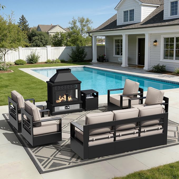 Outdoor Aluminum Furniture Set, 6-Piece Patio Conversation Set, 4 Chairs 1 Sofa and 1 Fireplace, All-Weather Metal Frame, 6" Thick Removable Cushions, Deep Setting for Garden, Poolside and Porch