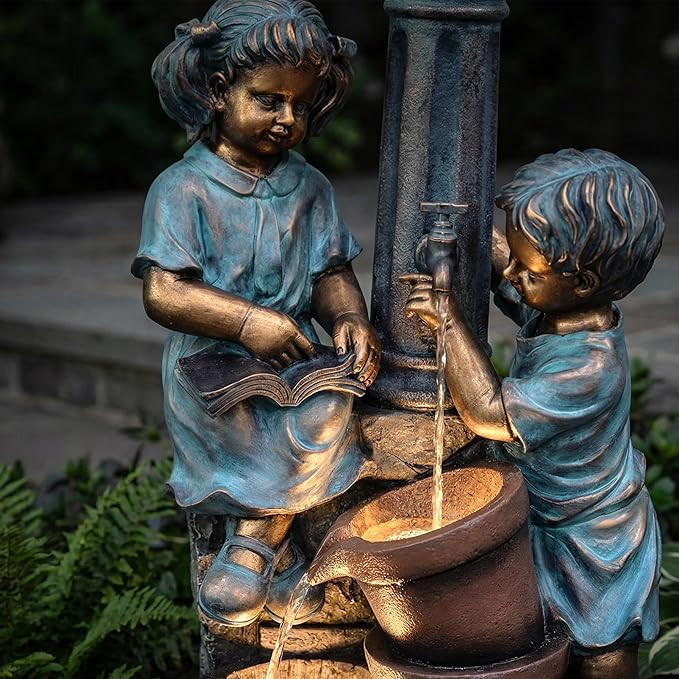 47-Inch Outdoor Water Fountain, 3-Tier Boy and Girl Resin Waterfall Fountain, with Soothing Water Sound & 3 Warm LED Lights, Home Decor for Garden, Patio, Yard, Deck or Lawn in Brown and Blue