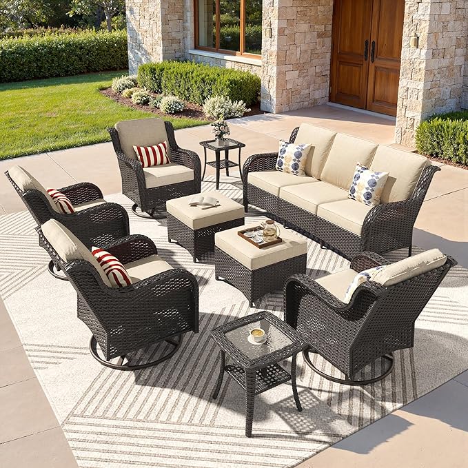 ovios 9-Piece Patio Furniture Set with Swivel Chairs Coffee Table, Outdoor Wicker Sofa with Comfy Cushions, High Back Couch Modern Conversation Sets, Brown/Beige