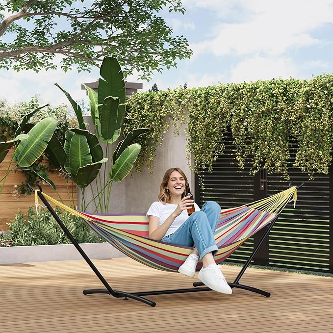 Outdoor Portable Hammocks,Double Hammock with Space Saving Steel Stand Included, Accommodates Two with 450lb Capacity, Easy Tool-Free Assembly, Portable with Carry Bag for Outdoor Camping Garden Yard