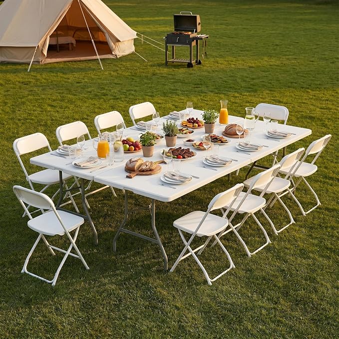 Sweetcrispy 8 FT Folding Picnic Table 2 Pack, Easy to Fold and Store, Foldable Table for Camping Picnic Dining Party Kitchen Outdoor Indoor with Carrying Handle