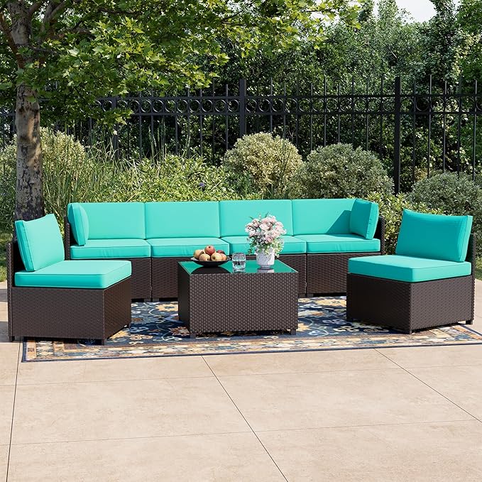 LHBcraft 7 Piece Patio Furniture Set, Outdoor Furniture Patio Sectional Sofa, All Weather PE Rattan Outdoor Sectional with Cushion and Coffee Table