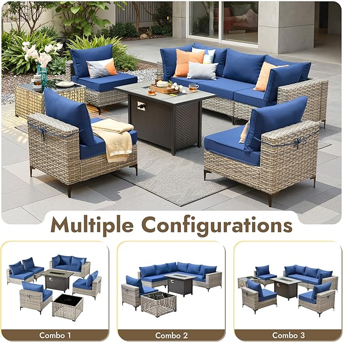 8 Pieces Patio Furniture Set with 42" Fire Pit, All-Weather Rattan Outdoor Sectional Conversation Sets L Shaped Sofas with Solar Light Coffee Table for Porch Balcony Backyard Navy Blue