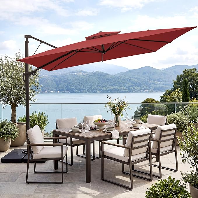 JEAREY 12ft 2-Tier Cantilever Patio Umbrella, Large Square Outdoor Offset Umbrella with Double Top Vent and 360-degree Rotation for Garden, Deck, Pool, Patio, Red