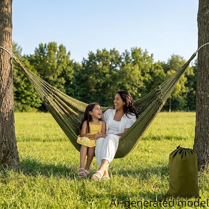 Handwoven Mayan Hammock with Carry Bag, 2 Person Family Size Cotton Nylon Rope Hammock, 500 lb Capacity, Portable Handmade Hammock for Camping, Backyard, Porch, Indoor Outdoor Use