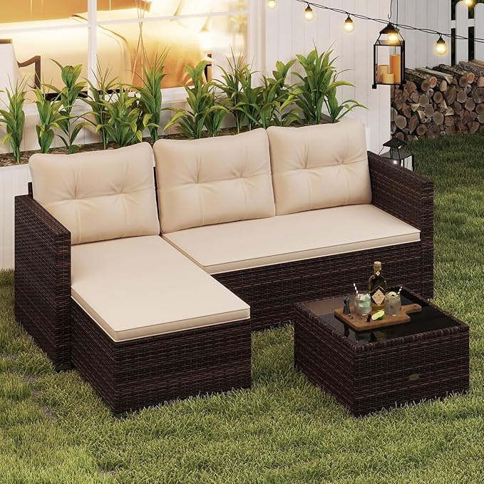 Tangkula L Shaped Outdoor Patio Furniture Set, 4 Seats Wicker Patio Conversation Set with Cushions and Tempered Glass Coffee Table, for Yard, Porch, Garden and Poolside