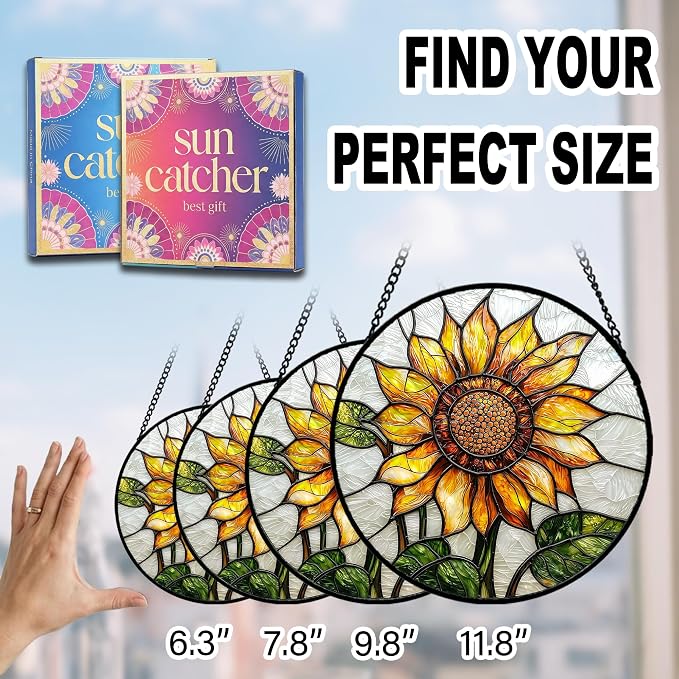 Sunflower Gifts for Women - Yellow Flower Faux Stained Glass Window Hanging Sun Catcher for Door Garden Acrylic Decor Mother's Day Christmas Birthday Gift for Mom Nana Grandma Sisters Colleague 9.8"