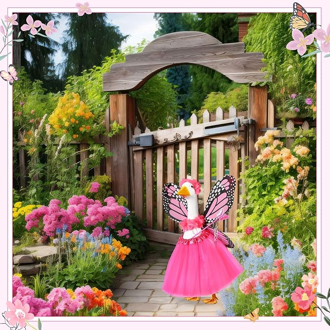 5pcs Butterfly Porch Goose Outfit Costume Tutu Skirt Butterfly Wing Wand Flower Crown for 17‘' 23‘' Cement Goose