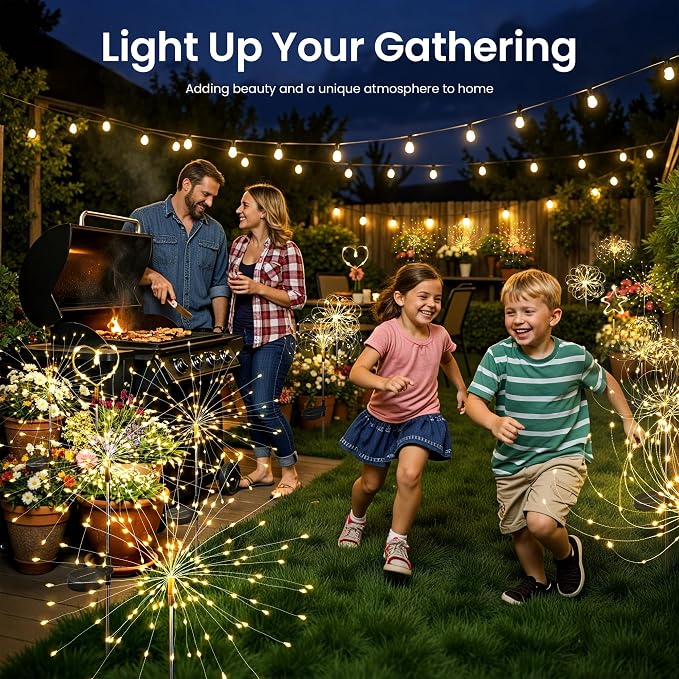 4Pack Solar Lights Outdoor, 120LED Firework Lights | Fireworks Lights Solar Powered, Waterproof Fairy Garden Lights Decor Outside for Yard Pathway Lawn Patio(Warm White)