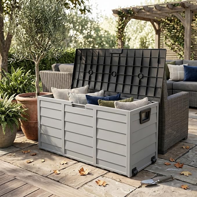 75 Gallon Black & Grey Outdoor Storage Deck Box, 260L Waterproof UV Resistant Plastic Patio Storage Bin with Wheels & Lockable Lid, Weatherproof Container for Cushions Tools Toys