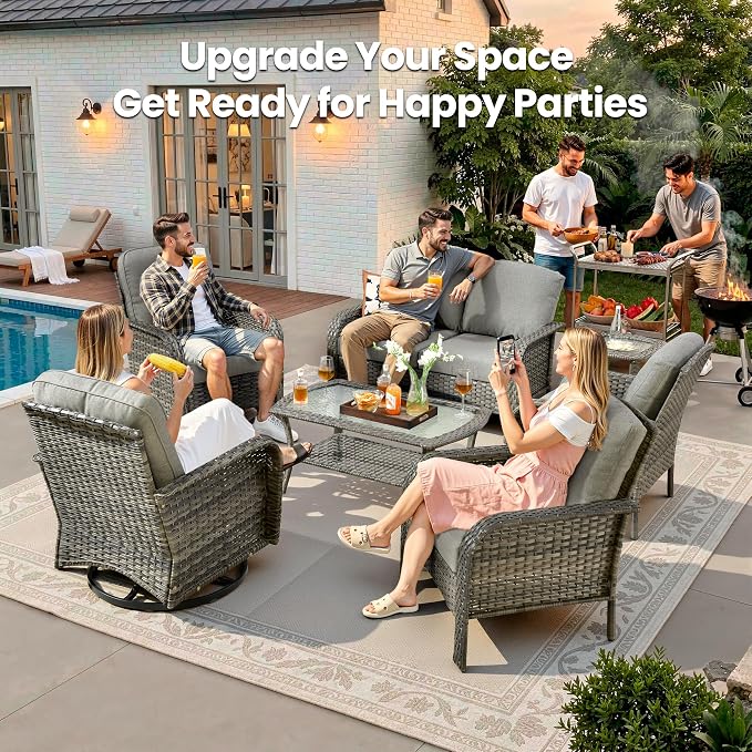 7 Piece Wicker Patio Furniture Set with Swivel Chairs, Dark Gray | High Back Rocking Chair Sofa, Heavy Duty All Weather Rattan Outdoor Conversation Set, Thick Cushion, Balcony Porch Backyard