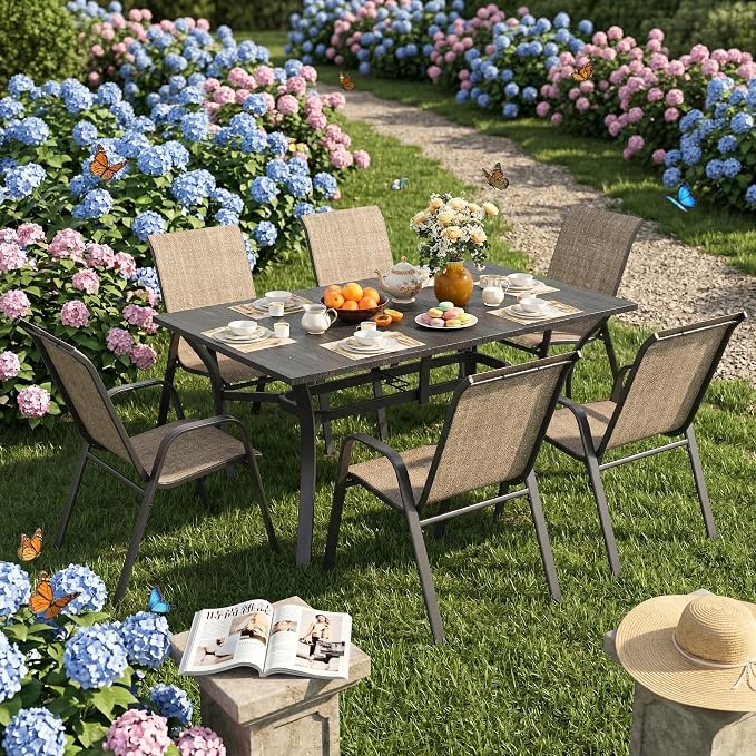 KEIKI 7-Piece Outdoor Patio Dining Set for 6, Waterproof Patio Table and Chair, 63" x 38" Rectangular Wood-Grain Metal Table with Umbrella Hole for Lawn Garden Backyard, Black+Brown