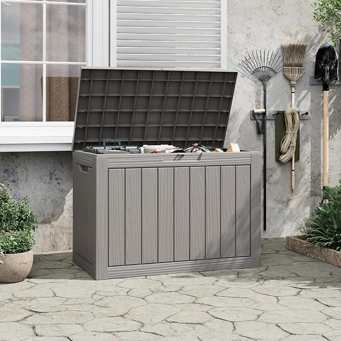 Outdoor Storage Box, 45 Gallon Deck Box with Lockable Lid, Waterproof Resin Storage Bin for Cushions, Garden Tools, Patio Furniture, Grey