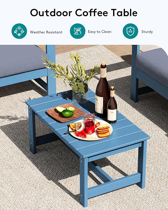 SERWALL 4 Pieces HDPE Outdoor Sofa Set with 10FT Patio Umbrella, All Weather Use Loveseat Furniture Sofa Set, Outdoor Conversation Couch with Coffee Table for Patio, Blue Frame with Grey Cushions