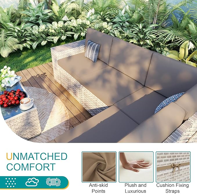 7-Piece Patio Furniture Set, Outdoor Extra Wide Armrest Modular Patio Sofa with Fire Pit Table, Dual-Strand Rattan Wicker High Back Large Seat Furniture for Backyard Porch Garden Balcony, Khaki