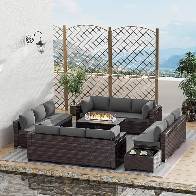 Outdoor Terrace Furniture Set, 15 Piece Outdoor Furniture Set, with 43 inch Aluminum 55000 BTU Propane fire Pit, PE Willow Vine Terrace Dialogue Set - Grey.