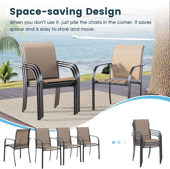 5 Pieces Patio Dining Set, 41" Round Dining Table with Umbrella Hole, 4 Stackable Textilene Fabric Chairs, Metal Structure for Patio, Porch, Garden(Walnut Table, Brown Chair)