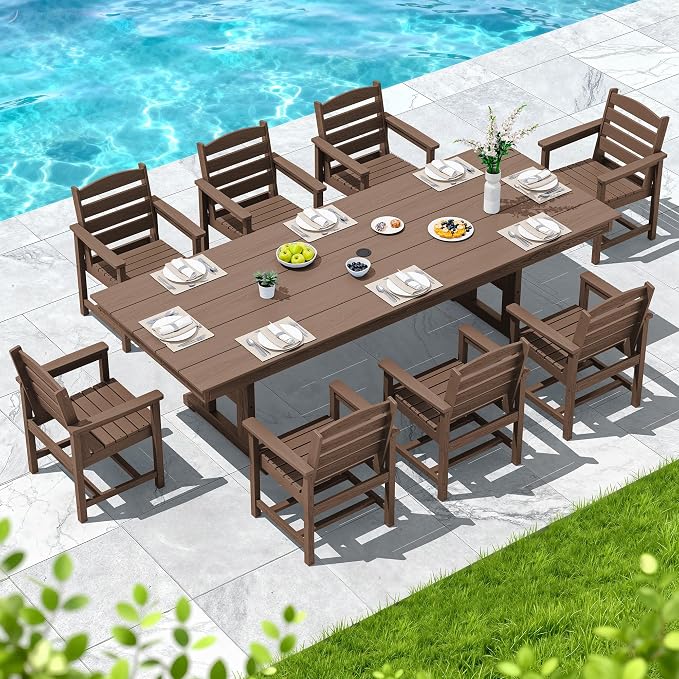 SERWALL 9 Piece 84" HDPE Outdoor Dining Set for 8 with Armchairs and Umbrella Hole, Brown