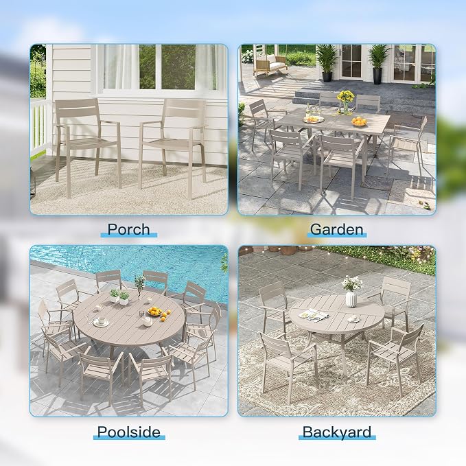 VICLLAX Patio 7 Pieces Outdoor Dining Set, Wrought Iron Metal Outdoor Table and Chairs Set, 50" Round Table with Umbrella Hole and 8 Stackable Chairs for Lawn, Garden, Porch, Sandshell