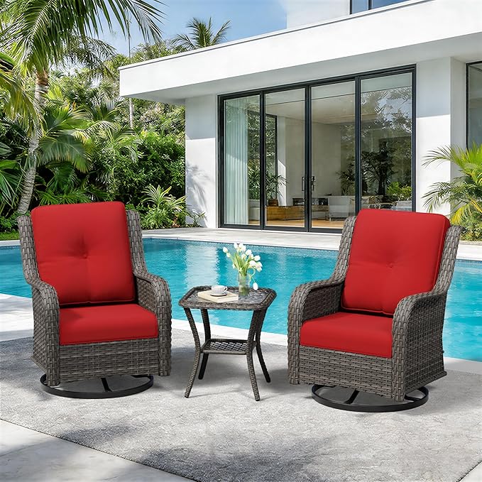 3 Piece Outdoor Wicker Patio Furniture Set, Swivel Rocker Patio Chairs Set with Thickened Olefin Cushions, High Back and Deep Seating, Hand-Woven PE Rattan for Porch, Deck