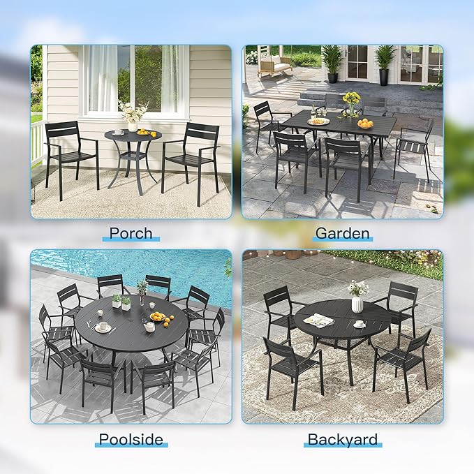 VICLLAX Patio 7 Pieces Outdoor Dining Set, Wrought Iron Metal Outdoor Table and Chairs Set, 47" Round Table with Umbrella Hole and 6 Stackable Chairs for Lawn, Garden, Porch, Black