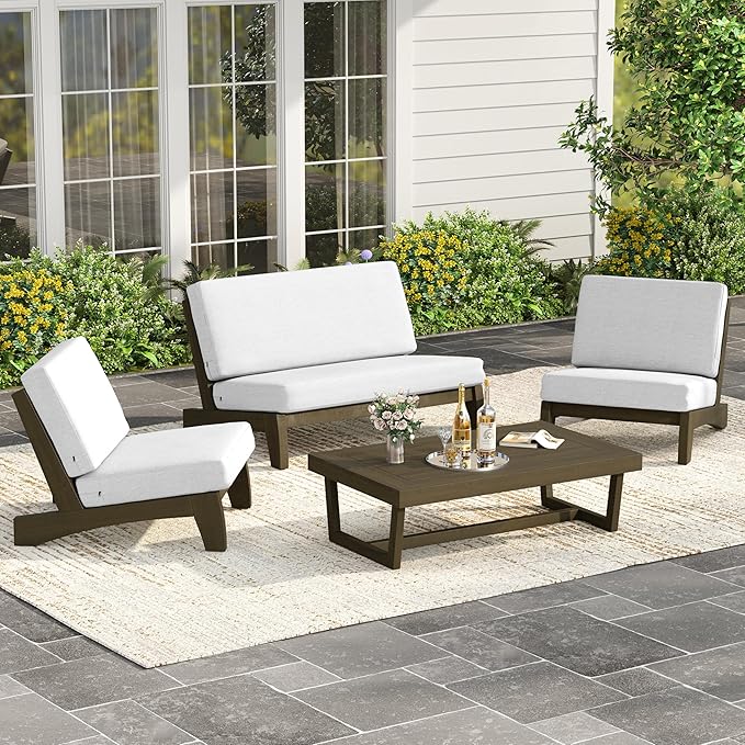 UIXE Wood Patio Furniture Sets, 4 Pieces All Weather Outdoor Sectional Futniture Patio Sofa Chair Backyard Conversation Set with Solid Wooden Coffee Table - Beige