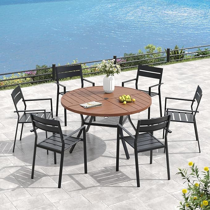 VICLLAX 47.2" Round Outdoor Table, Patio Dining Table for 6 with Umbrella Hole for Garden Lawn Deck Backyard, Walnut