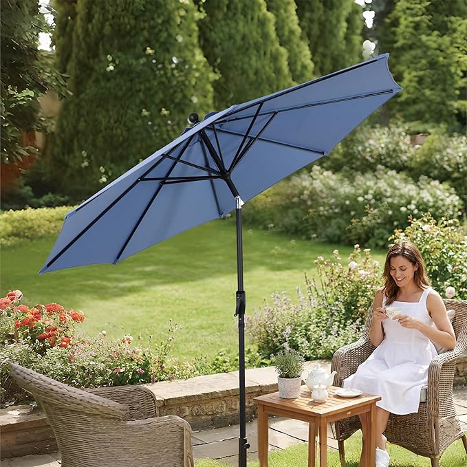9FT Outdoor Patio Umbrella with Crank Lift & Auto Tilt - Market Umbrella, 8 Heavy-Duty Ribs, UV Resistant & Water-Repellent for Garden, Deck, Poolside & Backyard