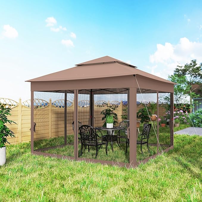 Outsunny 11' x 11' Pop Up Canopy, Outdoor Patio Gazebo Shelter with Removable Zipper Netting, Instant Event Tent w/ 114 Square Feet of Shade and Carry Bag for Backyard, Garden, Brown