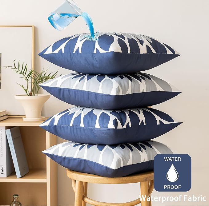 Pack of 4 Outdoor Waterproof Pillow Covers 20x20 Decorative Outdoor Throw Pillows Garden Square Cushion Cases for Patio Furniture, Couch, Tent Sunbrella, Bench, Navy Blue Grey