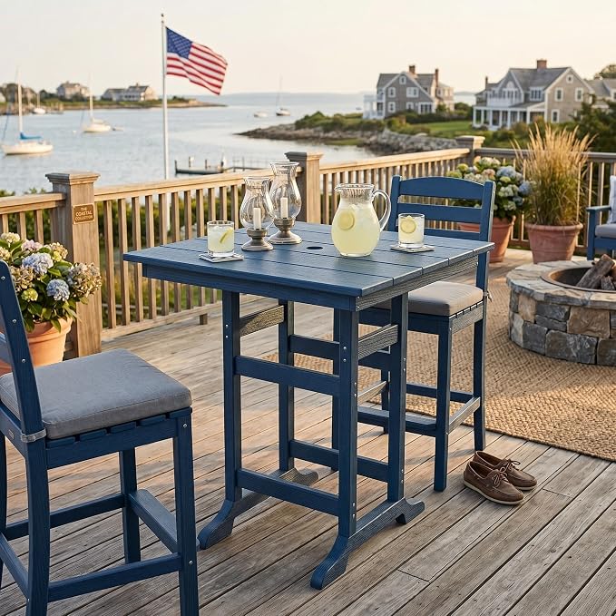 GarveeLife Outdoor Counter Height Bar Dining Table, HDPE Wood Grain Tall Bar Table – 39.6" High Square Pub Table, Cocktail Bistro Table Fits, for Patio, Garden, Poolside, Balcony & Yard (Navy Blue)