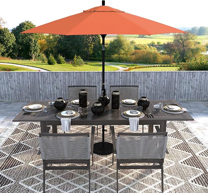 California Umbrella 9' Round Aluminum Market Umbrella, Crank Lift, Push Button Tilt, Black Pole, Sunset Olefin