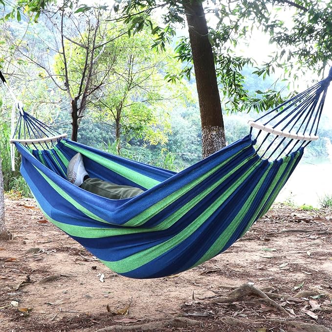 ANYOO Portable Camping Hammock Cotton Hammocks with Spreader Bar Outdoor | Sturdy Lightweight Hammocks Up to 450lbs with Carry Bag
