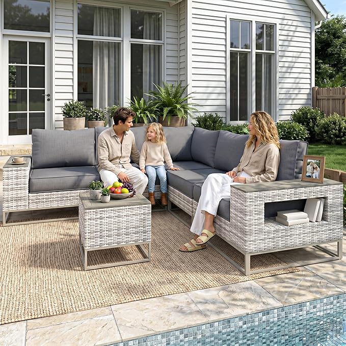 Outdoor Patio Furniture Set 8 Piece Gray PE Rattan Wicker Outdoor Sectional Sofa with Thickened Cushions and Chunky Arms, Modern Modular L-Shaped Conversation Set for Garden, Backyard, Slate Grey