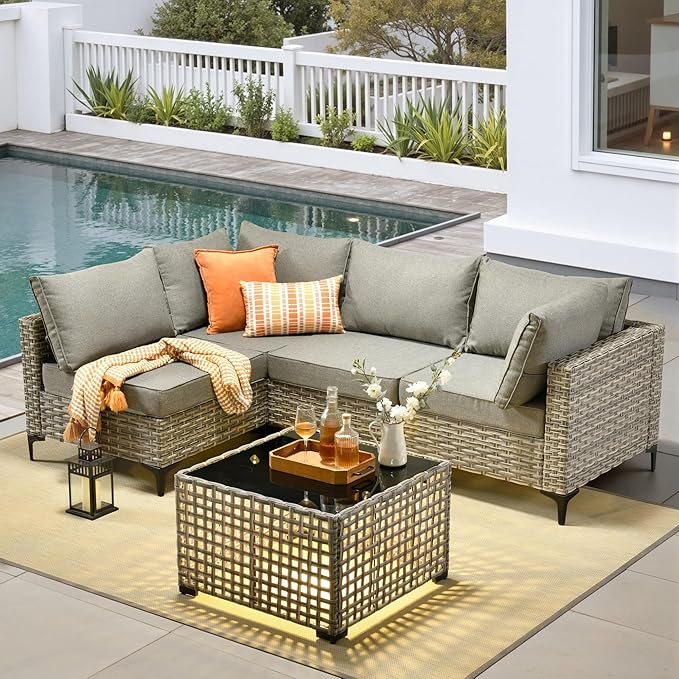 5 Pieces Patio Furniture Set with Solar Light Coffee Table, All-Weather Rattan Outdoor Sectional Conversation Sets L Shaped Sofas for Outside Porch Balcony Backyard Dark Grey