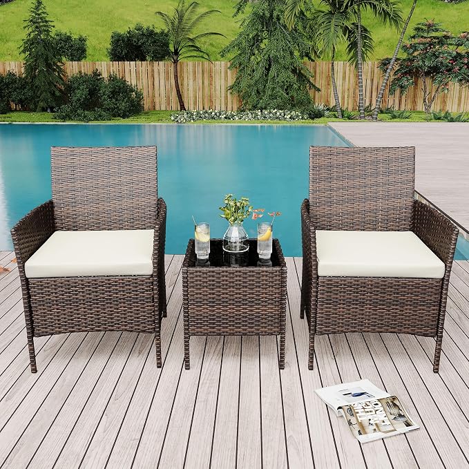 GarveeLife 3-Piece Patio Furniture Set, Rattan Outdoor Furniture with 2 Chairs & Coffee Table, Modern Outdoor Seating Conversation Bistro Set for Garden Backyard Porch (Brown and Beige)