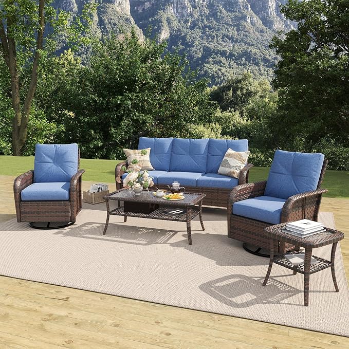 LazySunsets 7 Piece Outdoor Patio Furniture Set with Coffee Table, Wicker Rattan Outdoor Furniture with High Back Swivel Rocker Chairs, Outdoor Conversation Set with Thick Cushion, Navy Blue
