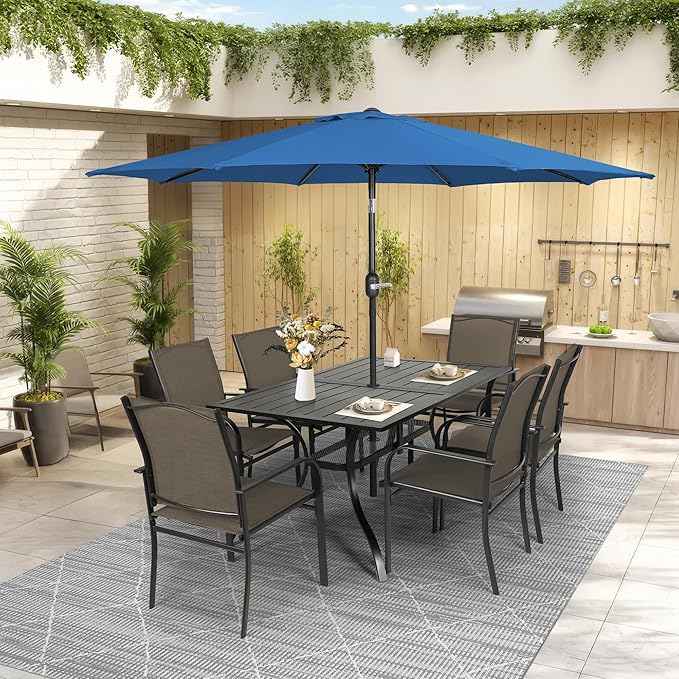 Crownland 7 Piece Patio Dining Set, Outdoor Textilene Dining Sets, 6 Textilene Metal Chairs and Rectangular Outdoor Dining Table with Dark Blue 9FT Round Outdoor Umbrella (Brown)