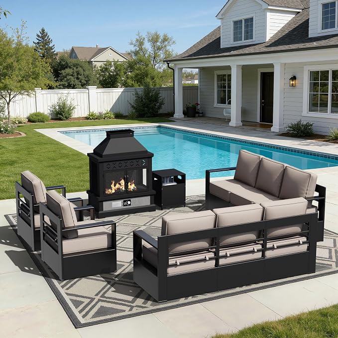 Outdoor Aluminum Furniture Set, 5-Piece Patio Conversation Set, 2 Swivel Chairs, 2 Sofa and 1 Fireplace, All-Weather Metal Frame, 6" Thick Removable Cushions, Deep Setting for Garden and Porch