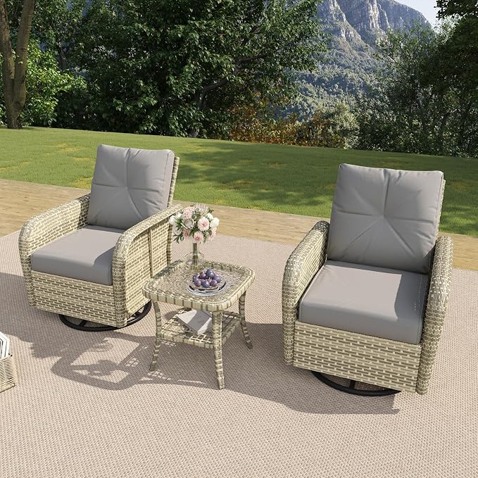 LazySunsets 3 Piece Outdoor Patio Furniture Set, Wicker Rattan Outdoor Furniture with High Back Swivel Rocker Chairs, Outdoor Sofa Set with Thick Cushions & Side Table, Grey