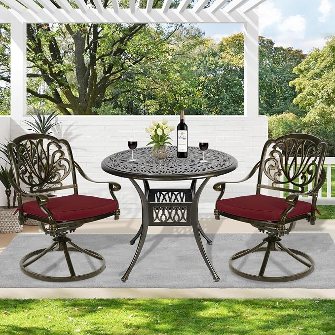 MEETWARM 3-Piece Outdoor Patio Dining Set, All-Weather Cast Aluminum Patio Conversation Set - 2 Cushions Swivel Rocker Chairs and 35.4" Round Table for Backyard Garden Deck, Umbrella Hole, Chili Red