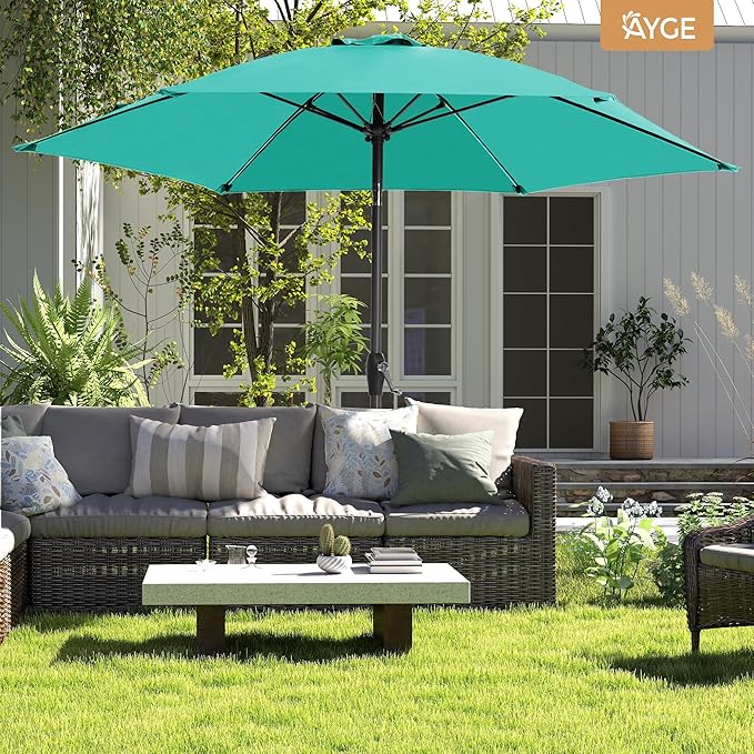 Ayge 7.5FT Large Outdoor Patio Umbrella Market Table Umbrella-UV Resistant, Easy Push Button Tilt and Crank, 6 Sturdy Fiberglass Ribs Heavy-Duty Pool Umbrella for Deck, Backyard,Garden, Yard,Turquoise